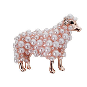 Faux Pearl Vintage Inspired Sheep Brooch With Rhinestones Gold Tone Deco Style